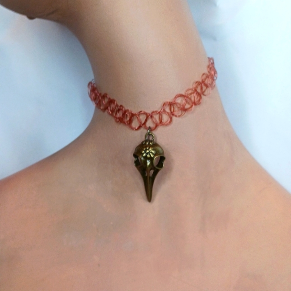 Brown Tattoo Choker Necklace with Bronze Bird Skull Charm.